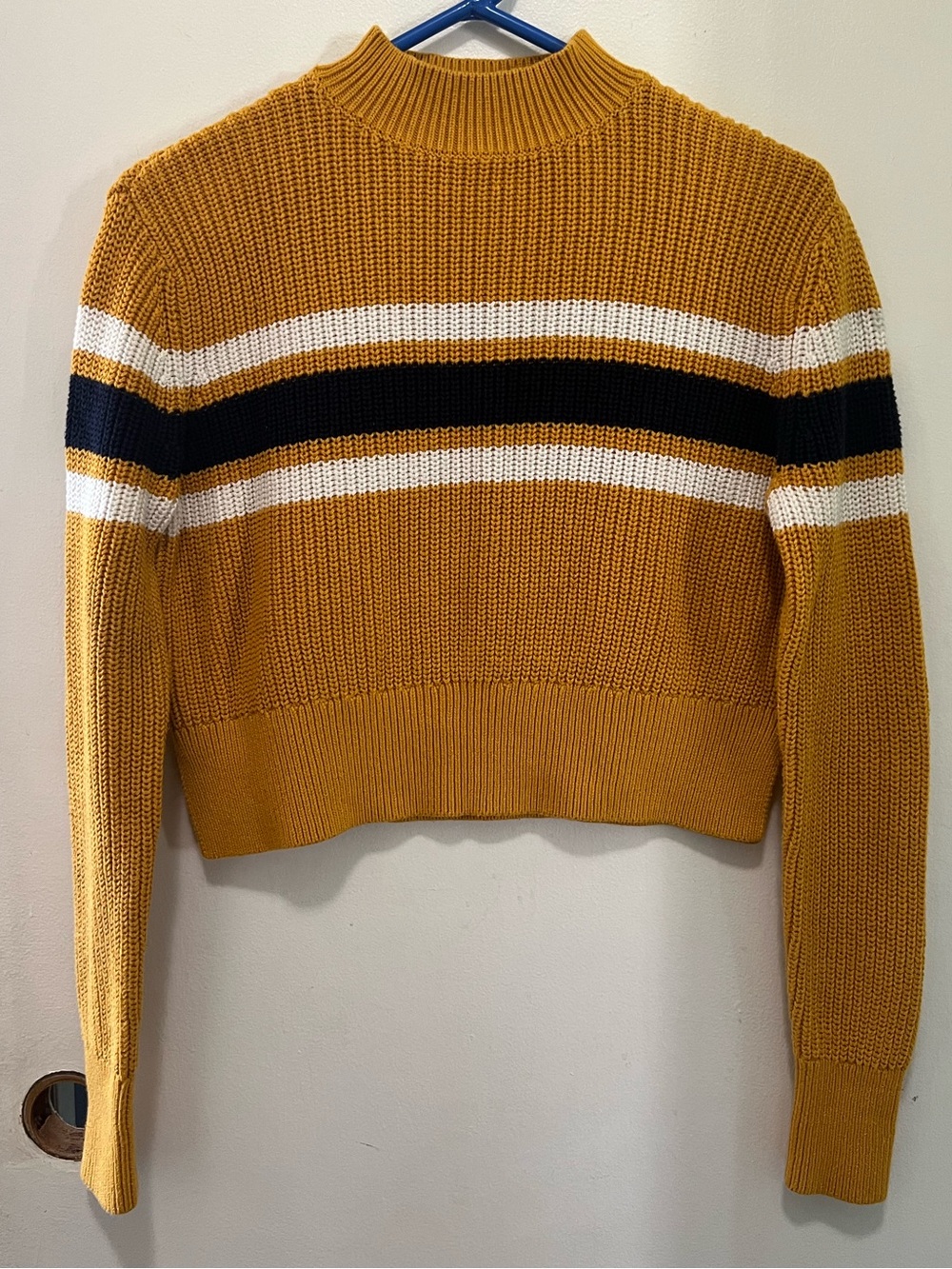 Lottie Moss PacSun Mustard Yellow Striped Cropped Mock Neck Ribbed Knit Sweater.